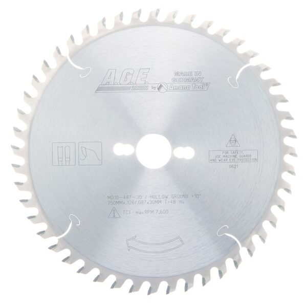 A.G.E MD10-487-30 Carbide Tipped Hollow Ground 10 Inch Dia x 48T HG, 10 Deg, 30mm Bore Circular Saw Blade