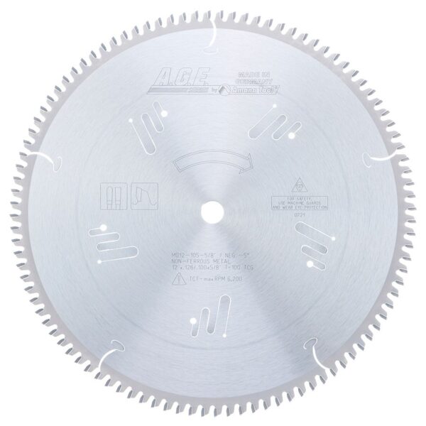 A.G.E MD12-105-5/8 Carbide Tipped Thin Walled Aluminum and Non-Ferrous Metals 12 Inch Dia x 100T TCG, -5 Deg, 5/8 Bore Circular Saw Blade